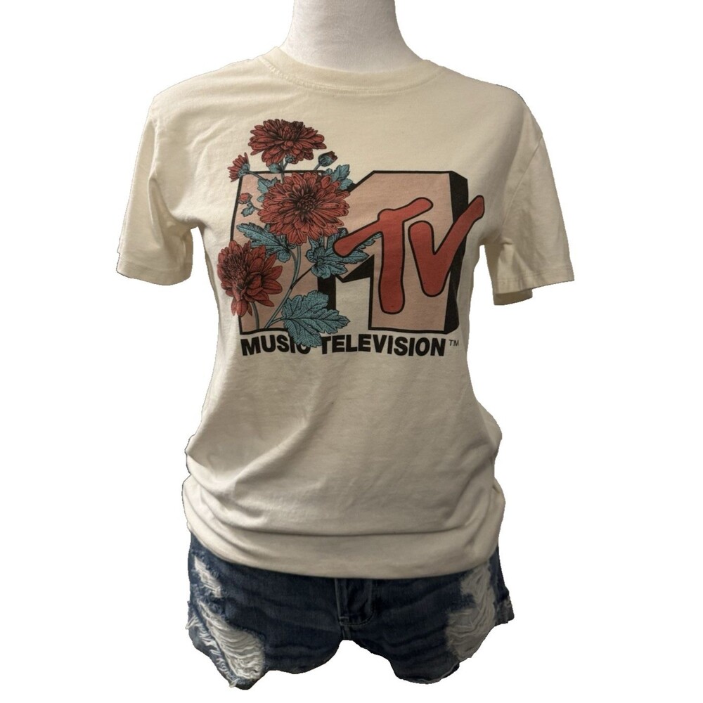 MTV Floral Graphic Tee Short Sleeve T-Shirt XS Clean 80s 90s NEW without Tag